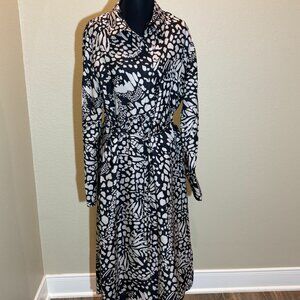 Chico's Black Label Black White Patterned Belted Long Sleeve Dress Size 12